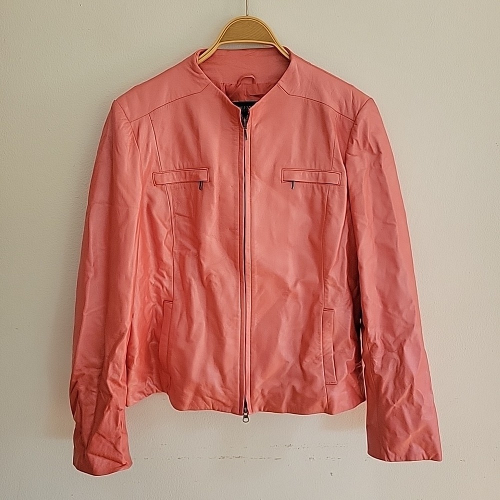 Alfani Full Dual Zip Leather Jacket Large Coral Orange Crewneck Luxury Mod Retro